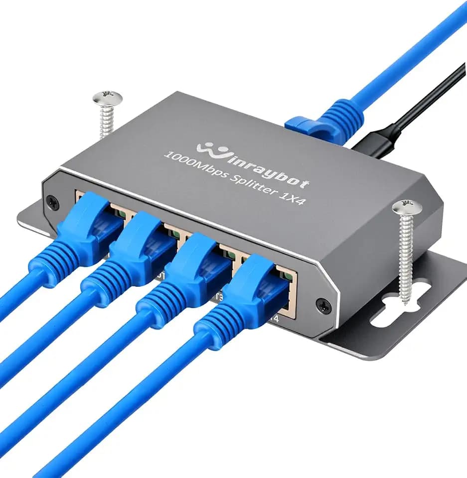 4 Port Gigabit Ethernet Splitter 1 to 4 - Powered Network Switch with Wall Mount Ears for Home, Office, PS5, Router, Smart TV - Plug and Play 1000Mbps Ethernet Hub