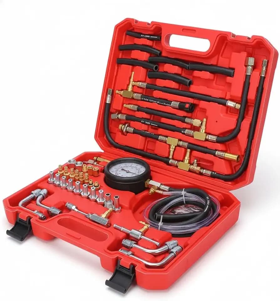 Fuel Injection Pressure Tester Kit 0-140 PSI, Universal Fuel Pump Pressure Gauge Set with Quick Release Valve, Reinforced Hoses & Multi-Size Adapters for Gasoline Engine Diagnostic (((TU-443Red)))