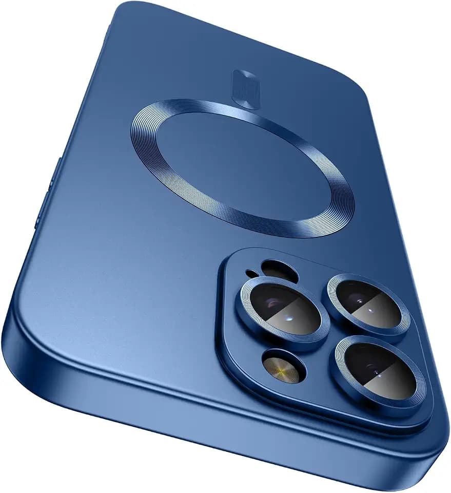 LEKEVO Magnetic for iPhone 15 Pro Max Case [Compatible with MagSafe][Built-in Camera Lens Protector] Slim Soft Silicone Bumper Shockproof Metallic Luster Phone Case (Blue)
