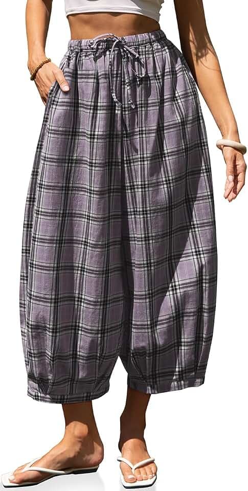 TARSE Women's Plaid Cotton Linen Wide Leg Pants with Pockets