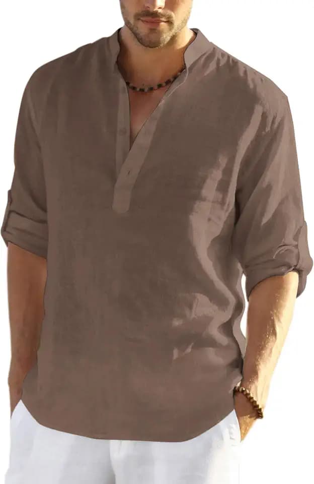 COOFANDY Men's Cotton Linen Henley T-Shirts Long Sleeve Casual Beach Shirts