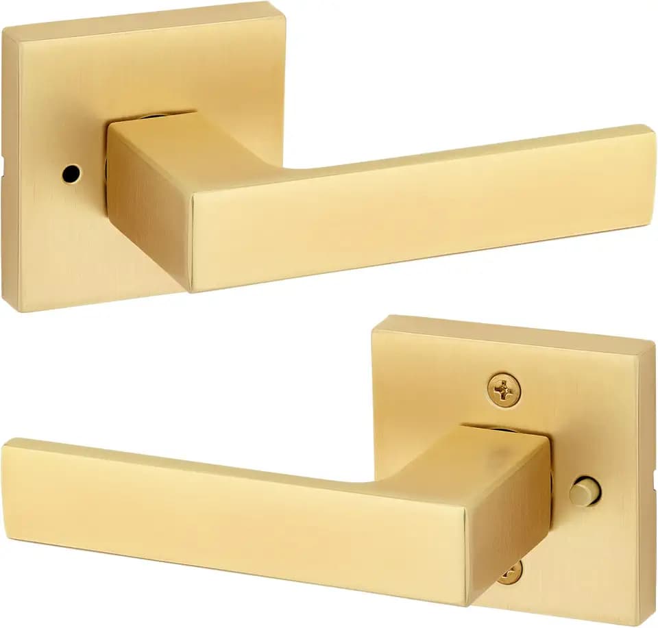 Kwikset Singapore Interior Privacy Door Handle with Lock, Door Lever for Bathroom and Bedroom, Satin Brass Reversible Keyless Push Button Lock Door Lever