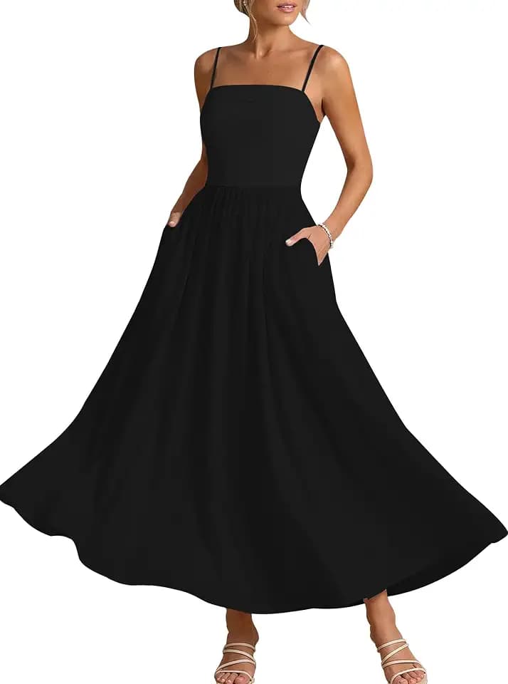 Women Spaghetti Strap Dress Flowy Summer Boho Maxi Dress Sleeveless Beach Vacation Long Dresses Sundress with Pockets