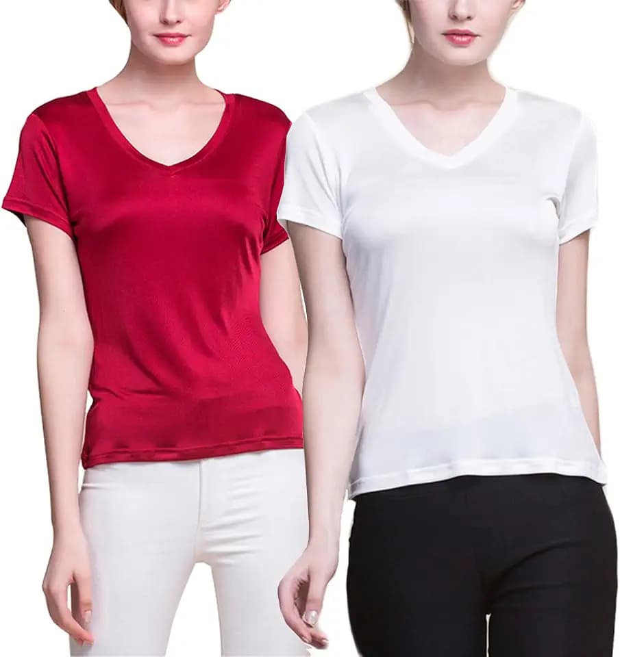 Women T Shirt Pure Silk 2Pack Basic Causal Tee Vneck Loose Blouse Top Summer Breathable Short Sleeve Shirt Dailywear