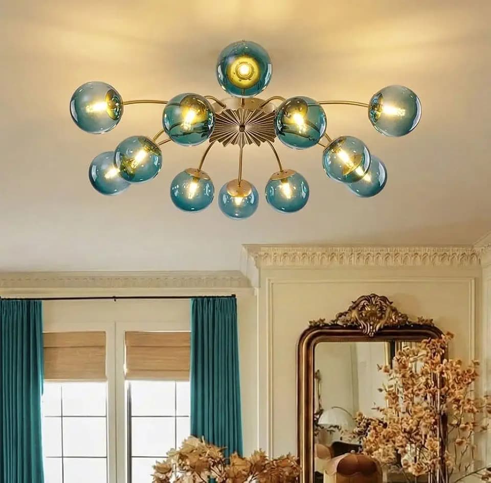 12-Light Bubble Chandelier, Semi Flush Mount Sputnik Ceiling Light Fixture with Glass Globes, Brass Finish Modern Blue Chandelier for Dining Room, Living Room, Entryway(Blue, 12 Light Ceiling Light)