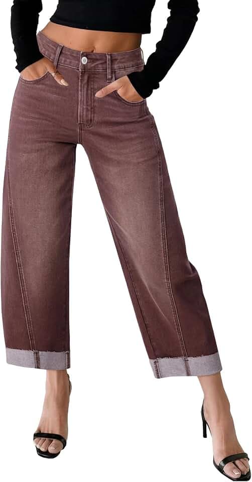 Sidefeel Barrel Jeans for Women High Waisted Wide Leg Baggy Stretchy Trendy Raw Rolled Hem Capri Cropped Ankle Denim Pants