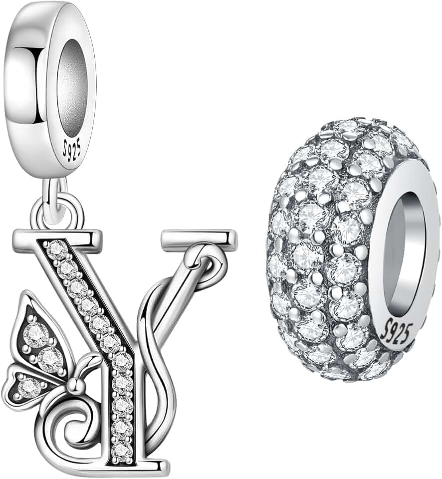 2 Stück 925 Sterling Silber Schmetterling Buchstaben Charms für Armbänder und Halsketten Alphabet Anfangsbuchstaben Anhänger Spacer Stopper Perlen Schmuck Geschenk für Frauen