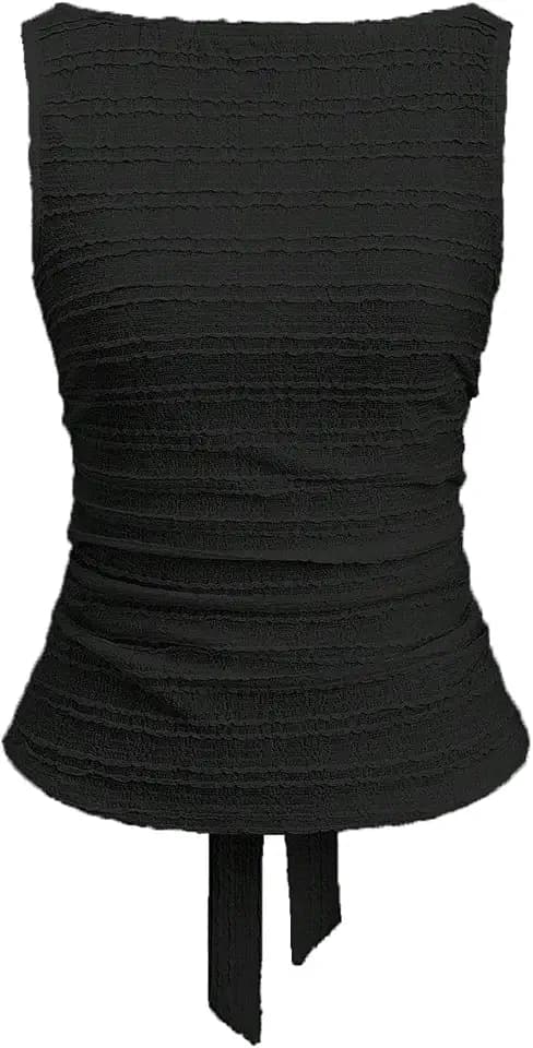 SOLY HUX Women's Bow Tie Back Textured Boat Neck Sleeveless Tank Tops