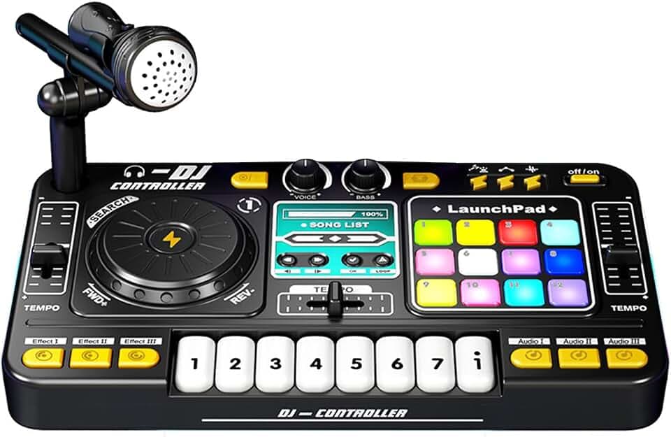 Btuty DJ Controller für Kinder Disc Player Elektronische Tastatur BT DJ Mixer Tisch mit verstellbarem Mikrofon dynamischen Lichteffekten Partyspielzeug für Kinder Musikalische