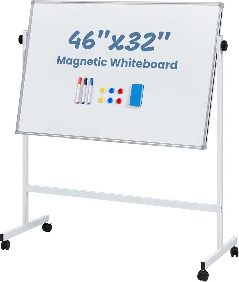 OLIXIS Magnetic Whiteboard with Wheels 46" x 32", Dry Erase Board with Adjustable Rolling Stand, Heavy-Duty Aluminum Frame & Accessory Tray for Office, Classroom, Home & Presentations, White