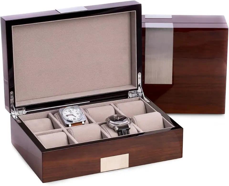 Bey-Berk Lacquered Walnut 8-Slot Watch Box, Solid Wood Watch Display Case with Stainless Steel Accents, Soft Velour Lining and Magnetic Closure, 11.85" x 8" x 4"