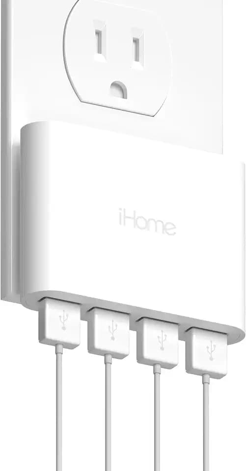 iHome Slim 4-Port USB Wall Charger, Flat Multiport Travel Plug Adapter