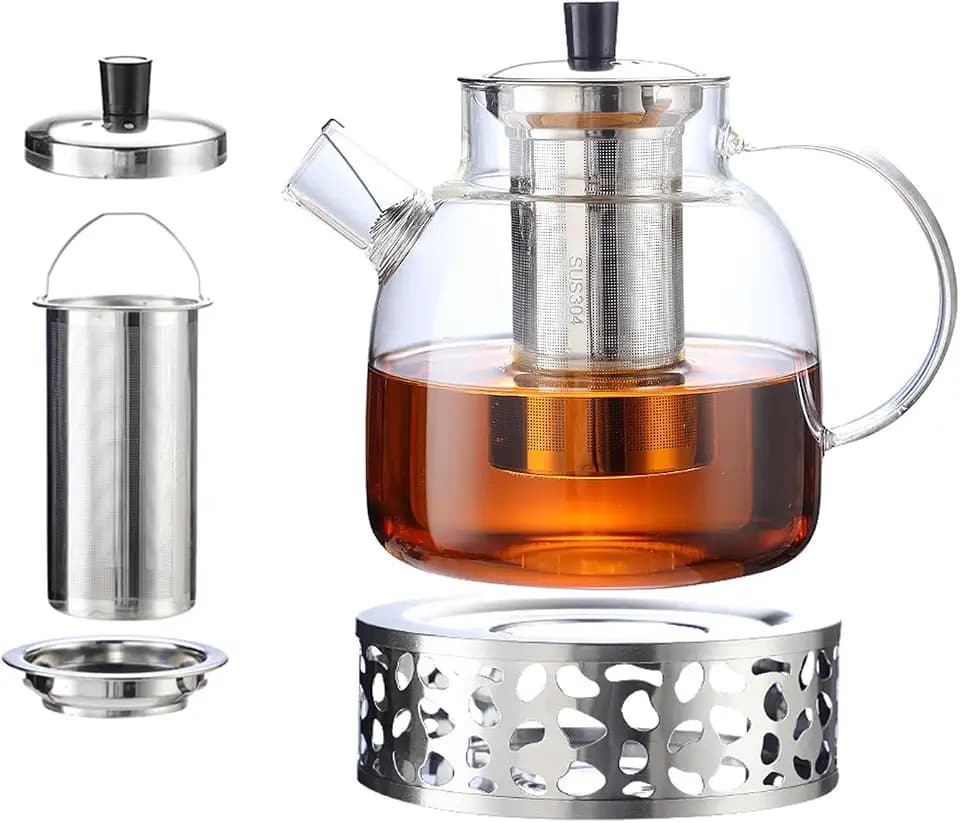 1.5L Groß Teekanne Glas,Borosilikatglas Teeservice,Teekanne mit Sieb und Stövchen, Hält lange warm, Spülmaschinenfest