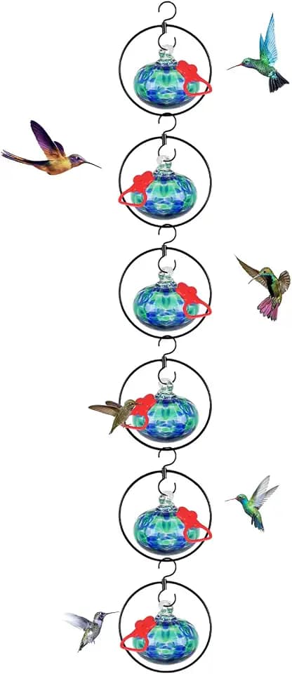 Headak Life 6 Pack Circular Hummingbird feeders for Outdoors Hanging,Hand Blown Glass Hummingbird Feeder with 6 Adjustable Silicone Perch,Never Leak,Gardening Gifts for Woman Man(Blue)