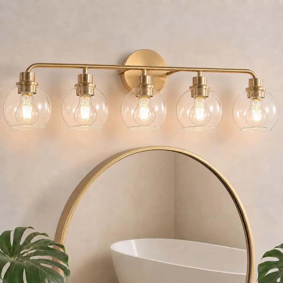 DORESshop Bathroom Light Fixtures, 5-Light Gold Vanity Lights Over Mirror, Wall Lamp Clear Glass for Living Room Decor Bedroom Porch Cabinet