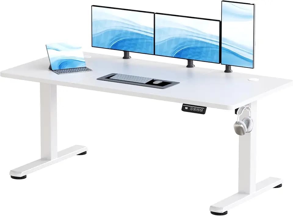 JUMMICO Höhenverstellbarer Schreibtisch 160x60cm, Elektrischer Schreibtisch mit 2 Speicherplätzen, Standing Desk mit 2 Memory Funktion Computertisch mit Kabeldurchführung und Haken, Weiß