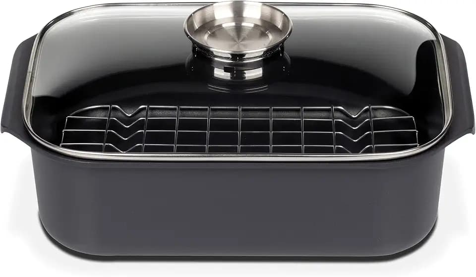 GSW Rechteckbräter Gourmet – hochwertiger Bräter mit Deckel und Grilleinsatz, ideal zum Schmoren, Dünsten und Braten, auch für den Backofen – Schwarz, Aluguss, 8 Liter