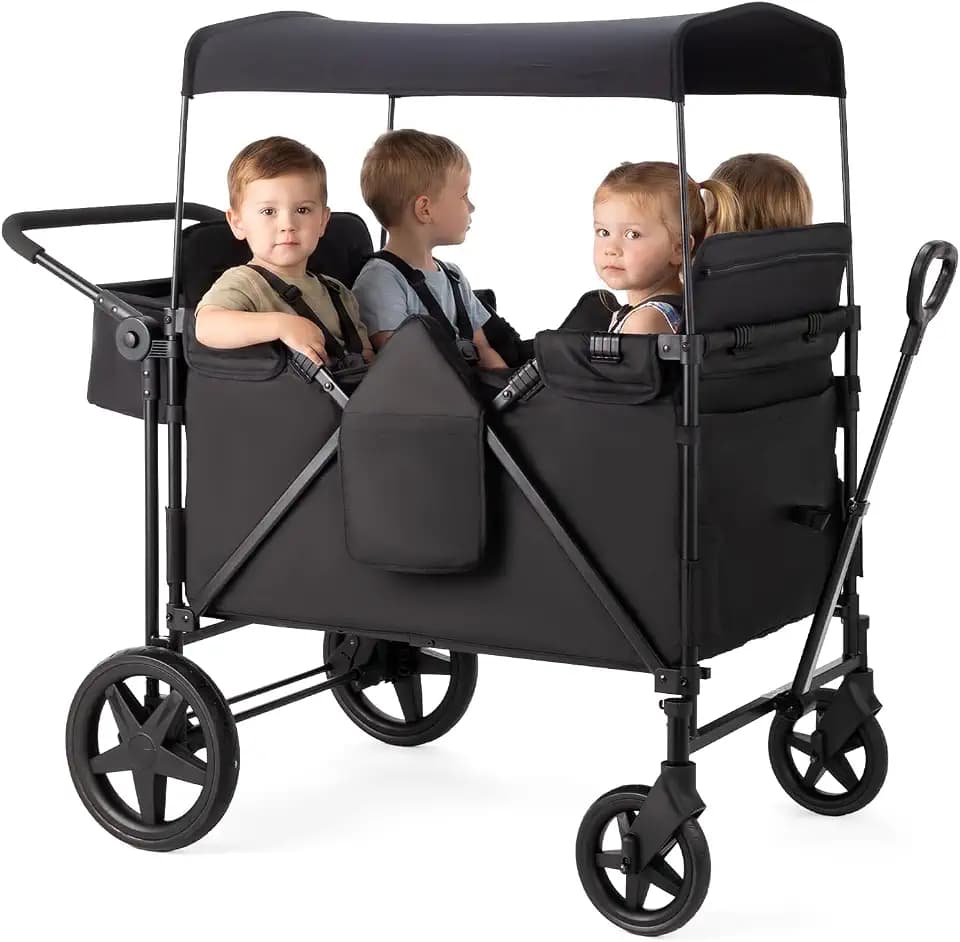 ZTDM Wagon for Kids, Wagon Stroller with 4 Raised High Seat, Removable Canopy, All Terrain Wheels, Foldable, Adjustable Push & Pull Handle, Storage Bag (Black)