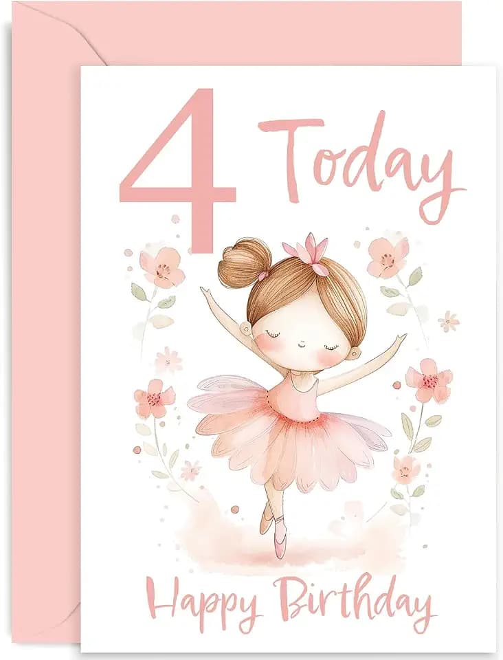 Geburtstagskarte zum 4. Geburtstag für Mädchen – Tochter Geburtstagskarte zum 4. Geburtstag – Meilenstein-Baby-Grußkarten für 4 Jahre alt – niedliche rosa Ballerina Mädchen Geburtstagskarte für Kinder