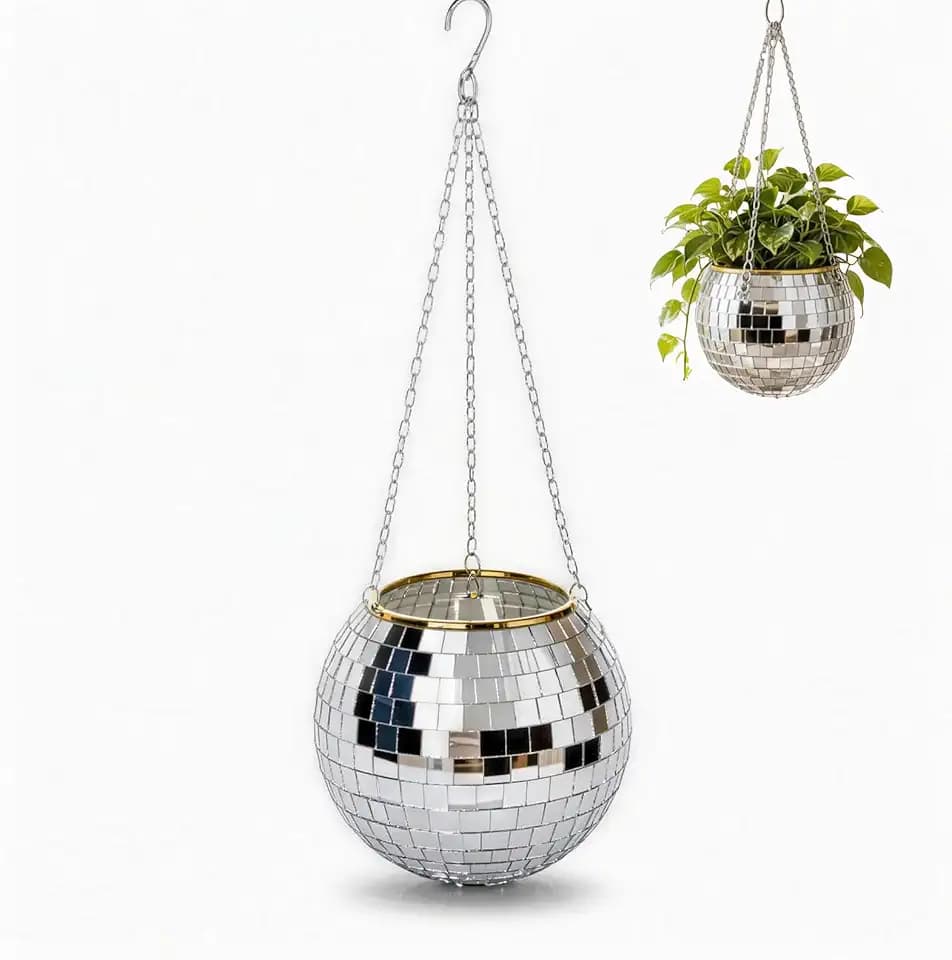 Disco Ball Hanging Planter（6 Inch）, Mirror Disco Vase, Retro Disco Decor for Home & Party Use