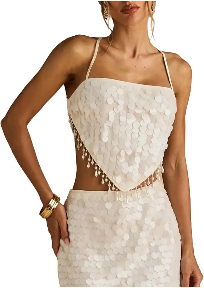 MakeMeChic Women's Sequin Beaded Fringe Halter Tops Backless Sparkly Crop