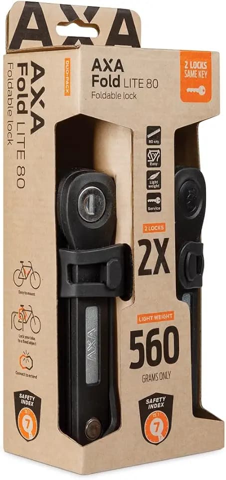 AXA Fold Lite 80 Duo Pack, Set mit 2 Faltschlössern, 80 cm lang, 4 gleiche Schlüssel, mit 2 Halterungen, leichtes Fahrradschloss, auf doppelte Länge verbinden
