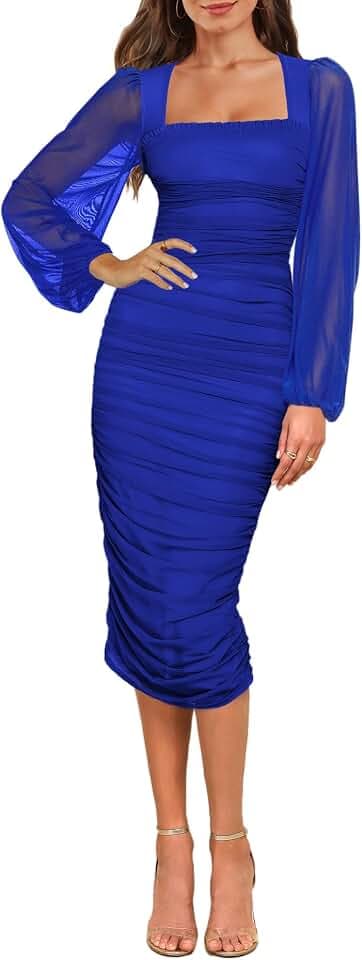 Aisbei Women's Sexy Ruched Bodycon Midi Dress Long Puff Sleeve Square Neck Mesh Cocktail Party Wedding Dresses