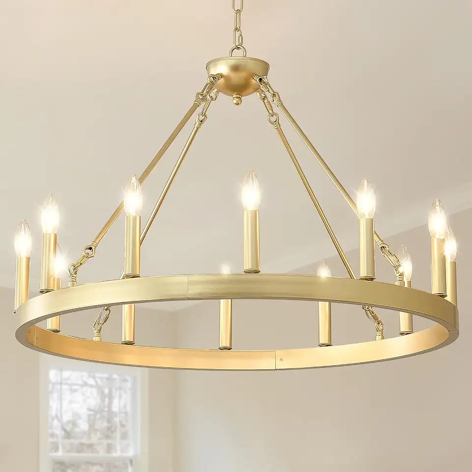 Gold Wagon Wheel Chandelier 32" 12-Light Round Modern Chandelier
