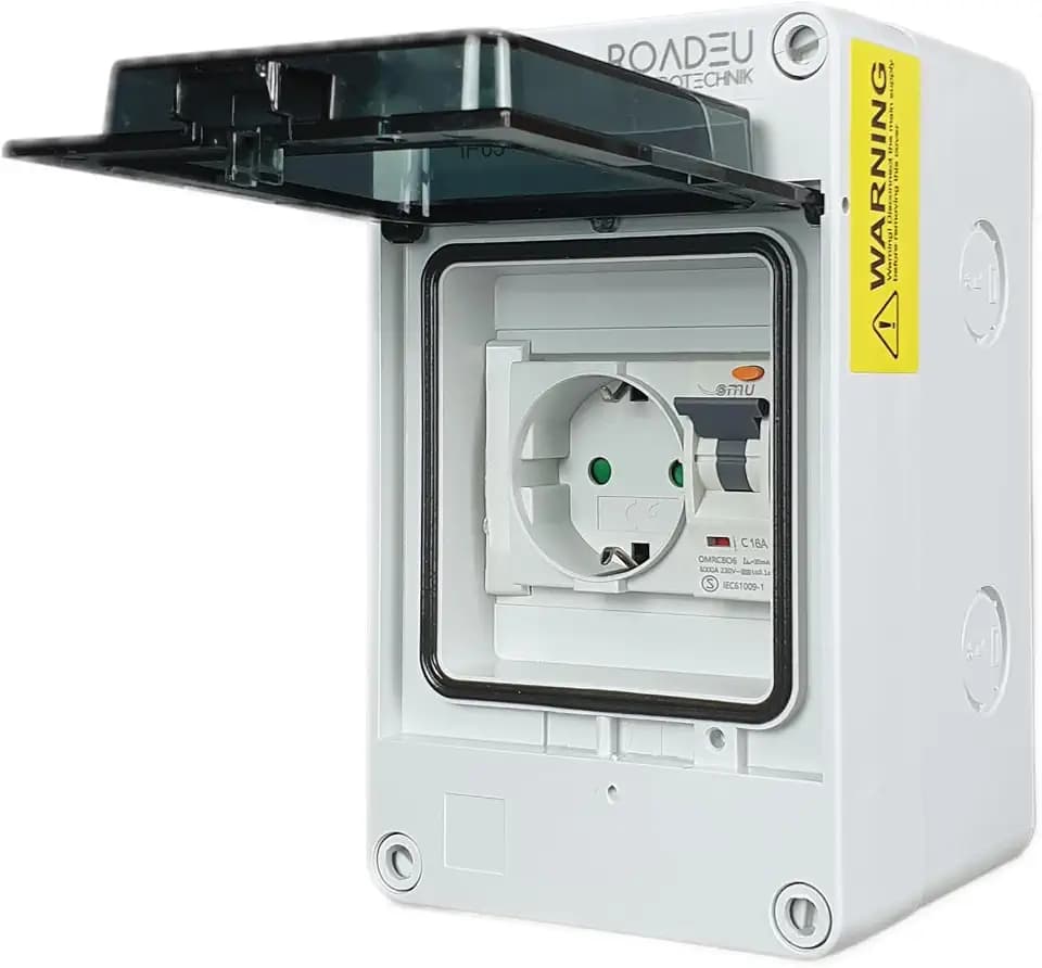 RoadEu - Schuko Steckdose mit Fi Schutzschalter im Sicherungskasten Aufputz IP65. Wasserfest Wandverteiler Komplett - 16 Ampere Steckdose 230V und FI 16A "C" typ A