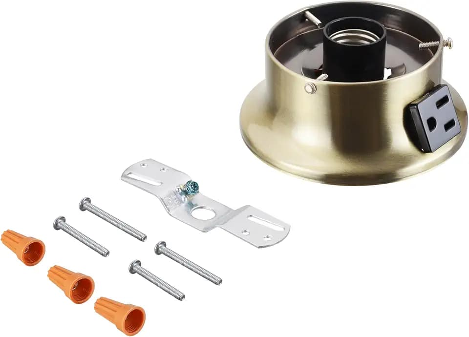 Aspen Creative 22103-07-1, Flush Mount Ceiling Fixture Shade Holder Kit with Outlet in Antique Brass Finish 3-5/8" Fitter, 4-3/4" Diameter x 2" Height