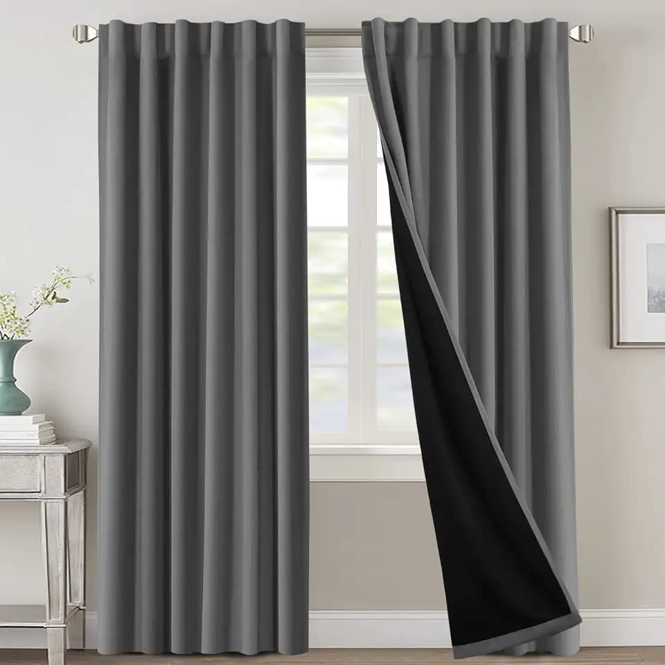 H.VERSAILTEX 100% Blackout Curtains for Bedroom with Black Liner Full Room Darkening Curtain 84 Inch Long Thermal Insulated Back Tab/Rod Pocket Window Treatment Drapes for Living Room, 2 Panels, Grey
