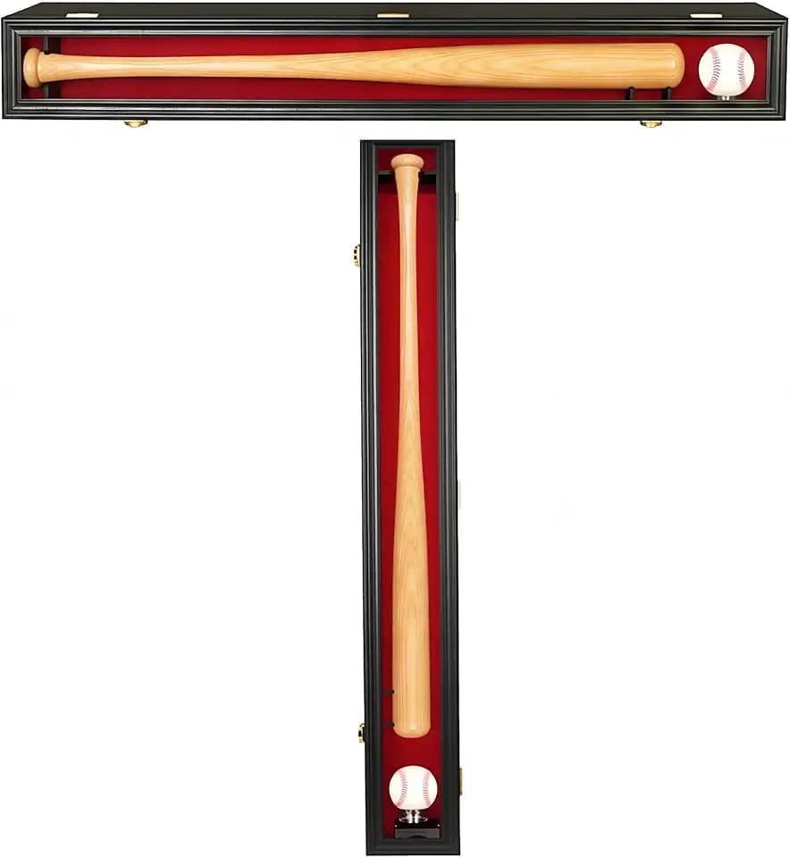 DisplayGifts Pro Collector's Baseball Bat Display Case Frame with 98% UV Protection Acrylic Door Holder Rack Cabinet Wall Mounted Display Hanger (Red Backing - Black Frame)