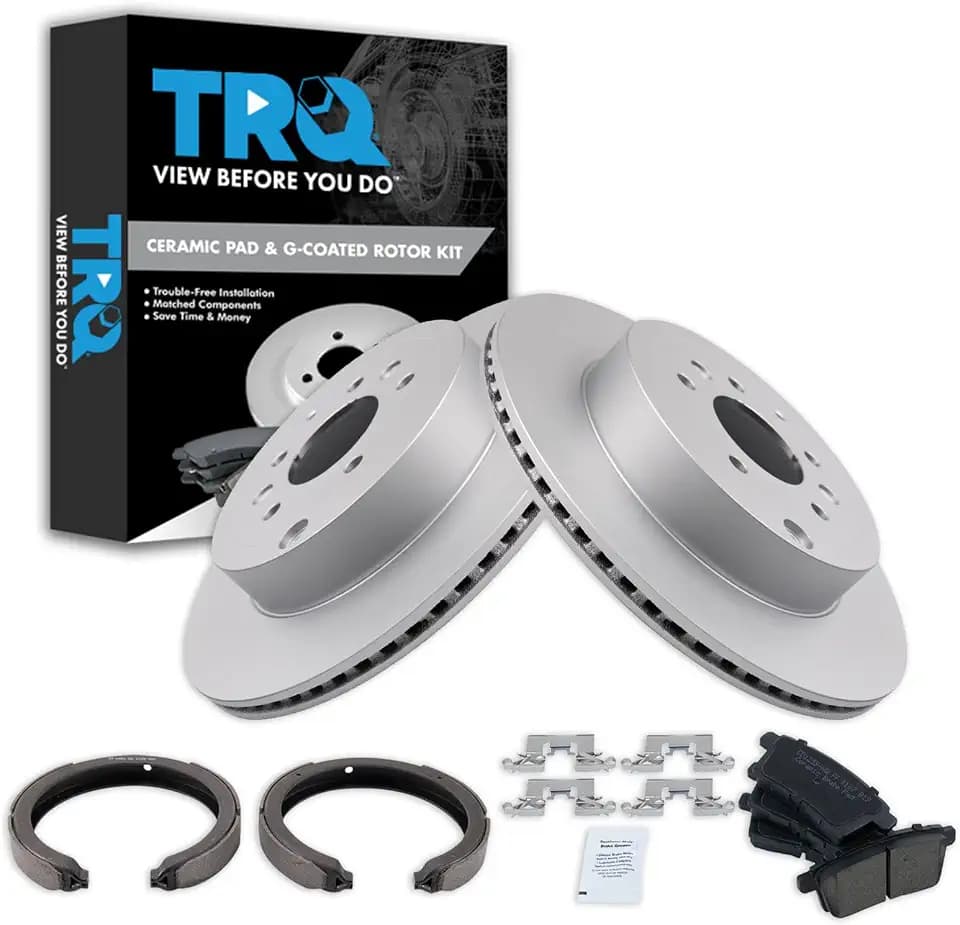 TRQ Rear Brake Pad and Rotor Set Ceramic G Coated Rotors Parking Brake Shoe