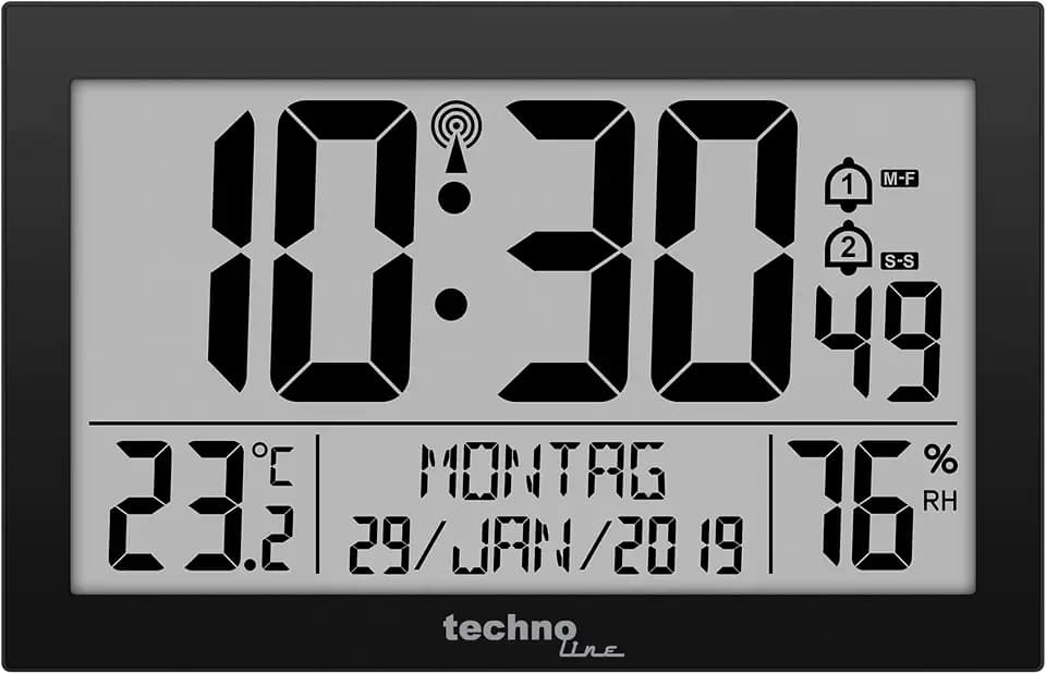 Technoline WS 8016 Funkwanduhr digital mit DCF Funkuhr | Temperatur & Luftfeuchtigkeit | 2 Weckalarme | Kalender | großes LCD Display | Wand- oder Tischuhr | schwarz