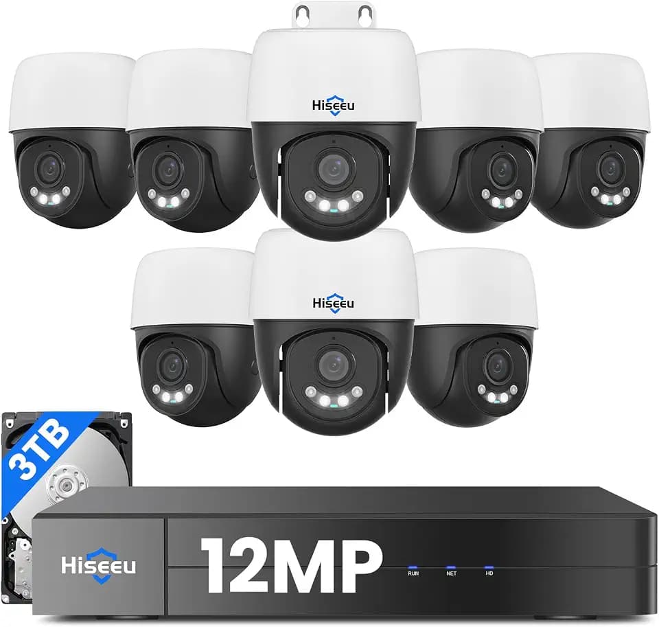 Hiseeu 12MP PoE PTZ Security Camera System, 8 Pcs Wired Cameras