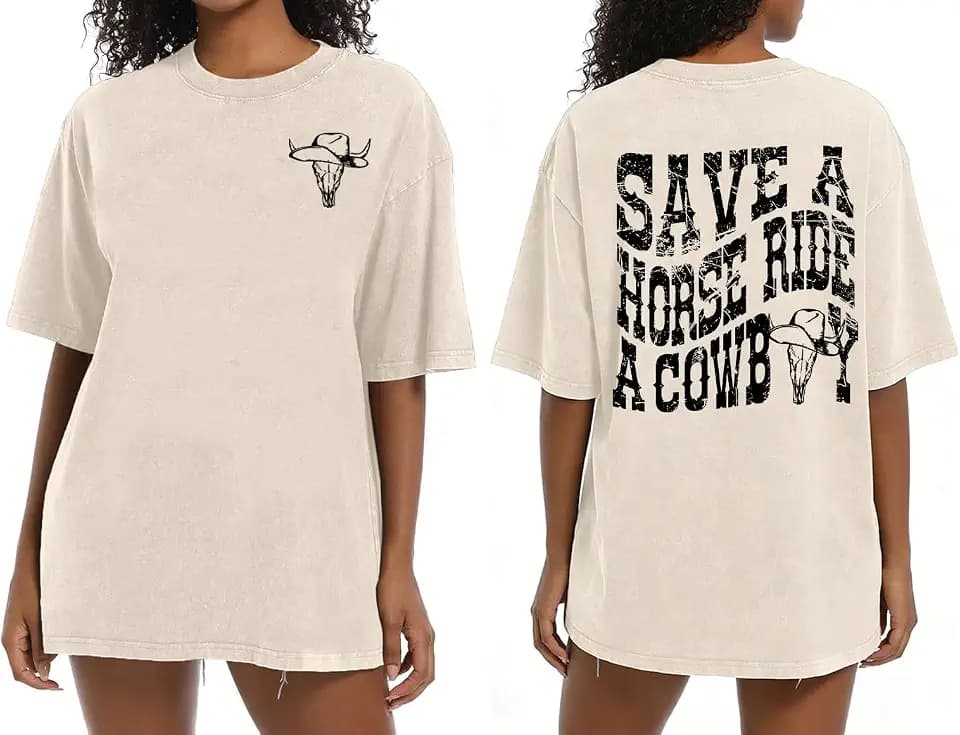 Oversized Western Tops for Women Acid Wash Country Concert Graphic Tee Top