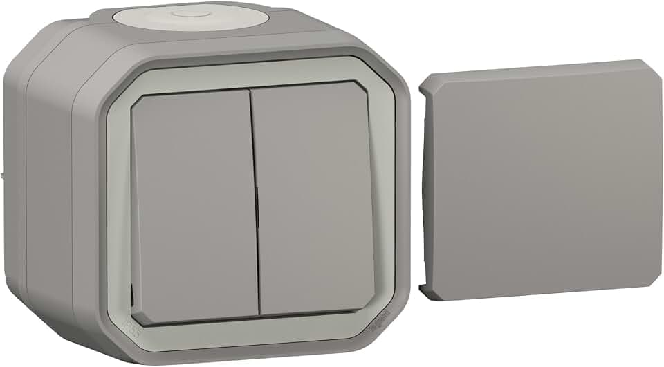 LEGRAND, Plexo New 5-in-1-Feuchtraum-Aufputz-Doppelwechseltaster, Doppelwechselschalter, Wechselschalter + Taster mit Wechselkontakt, Wechselschalter & Wechseltaster, IP55 - IK07, Farbe: Grau, 069719L