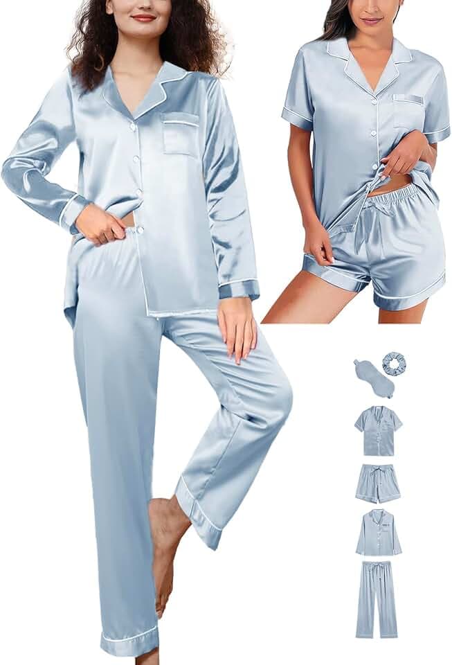 WJing Yi Jia 6Pcs Womens Silk Satin Pajamas Set XS-XXL Pajama Sets Pjs Set Button Down Pj Sets Sleepwear Loungewear