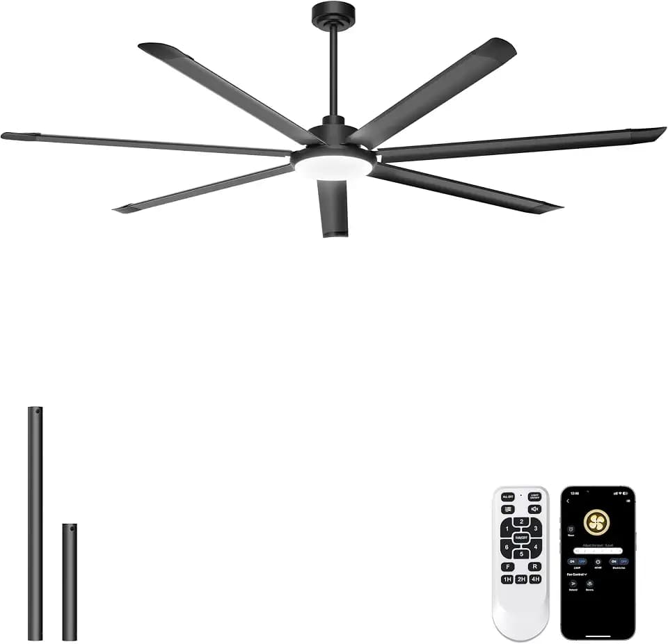 Ohniyou 84'' Industrial Ceiling Fan with Light for Shop, Garage, Black