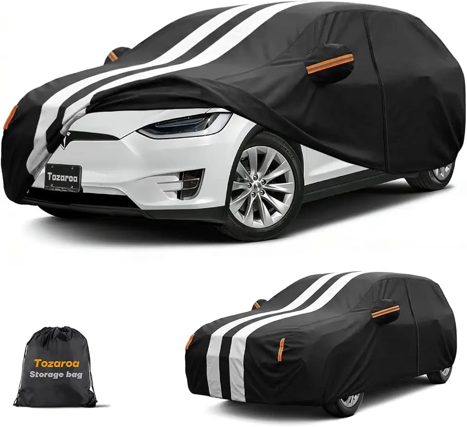 Multi-Layer Car Cover Custom Fit for Tesla Model X (2015-2026), 100% Waterproof All Weather for Automobiles, Gift with Towel, Heavy Duty Car Covers for Rain Sun UV Protection with Door Zipper.