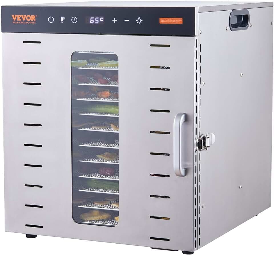 VEVOR 1000 W Dörrautomat Edelstahl, 377 x 285 mm 10 Stk. Tabletts 360° Trocken, Dörrgerät, Temperaturregelung, 0,5 bis 48-Stunden-Timer, Überhitzungsschutz, Rezeptheft für Fleisch Obst Gemüse