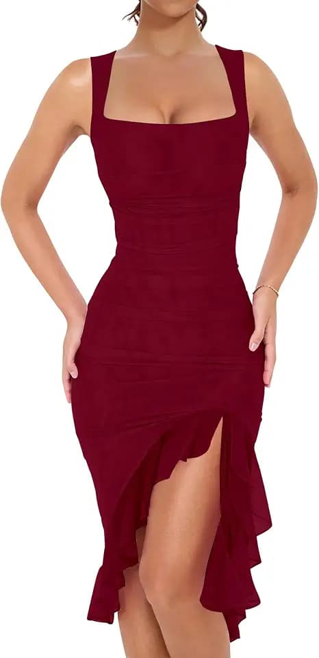 BORIFLORS Women's Sexy Ruched Bodycon Midi Cocktail Dresses