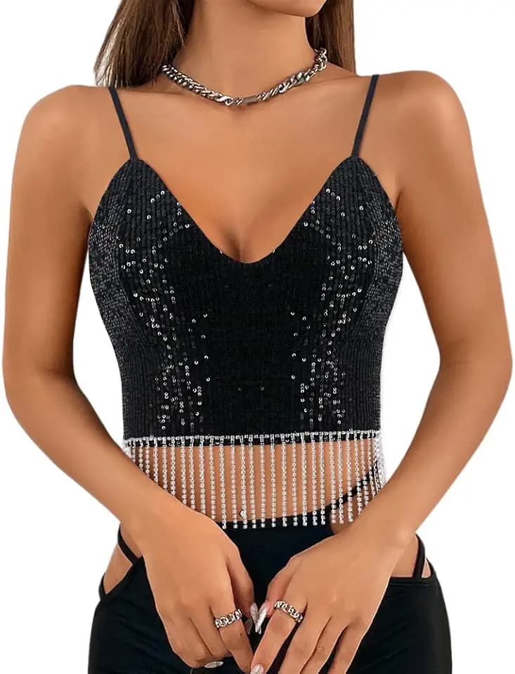 Haoohu Women's Sparkly Sequin Spaghetti Strap Crop Top Sleeveless V Neck Rave Tank Vest Clubwear