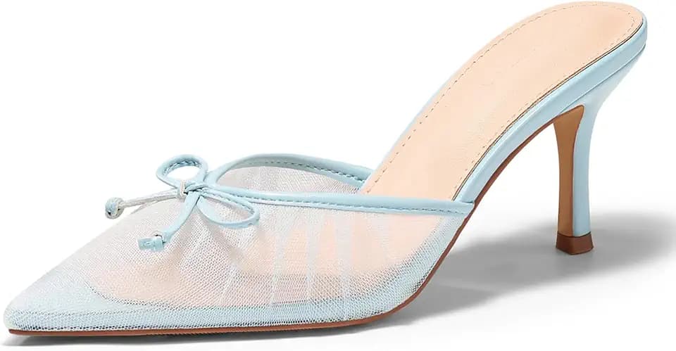 Coutgo Womens High Heels Mules Bow Closed Pointed Toe Pumps Pleated Slip On Dress Shoes