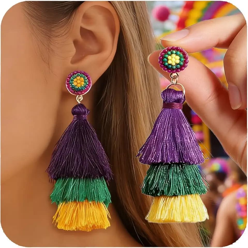 Mardi Gras Earrings for Women Layered Tassel Earring Bohemian Colorful Purple Green Yellow Tassel Drop Dangle Earrings Accessories Carnival Holiday Parade Party Women Jewelry Gifts