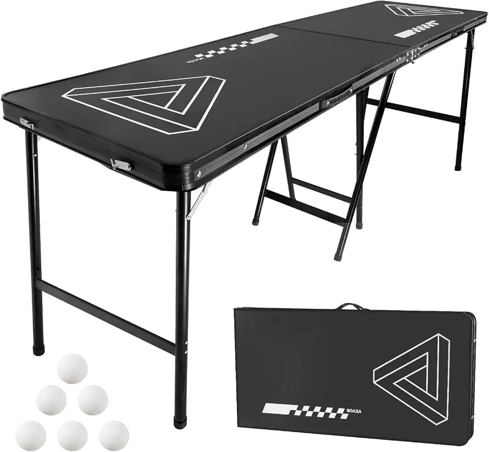 VEVOR 8 Foot Portable Beer Pong Table, Foldable 36 inch Heightened, Carrying Handles and 6 Pong Balls, Lightweight Tailgate Table for Office, Tailgate Party, Travel & Camping, Black