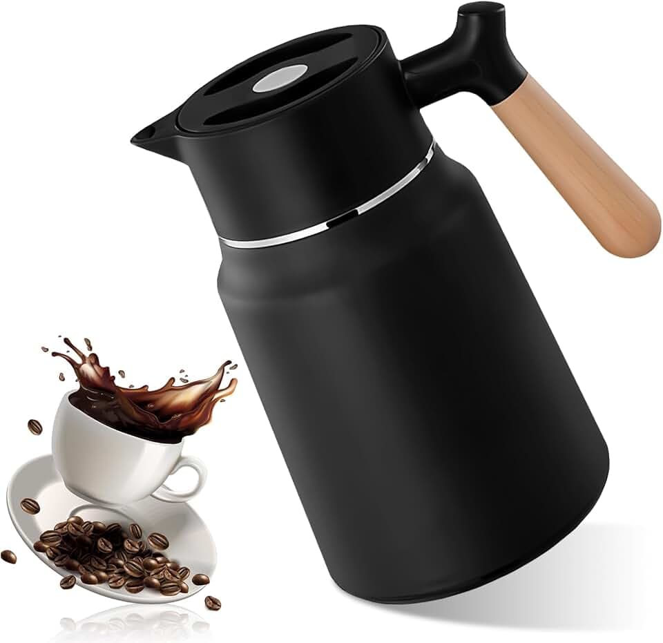 Thermoskanne 1,5 L, Kaffeekanne, Isolierkanne, Kaffeekanne Thermo, Teekanne Thermo, Edelstahl Isolierkanne Mit Holzoptik Griff Für Tee Kaffee Milch (Schwarz)