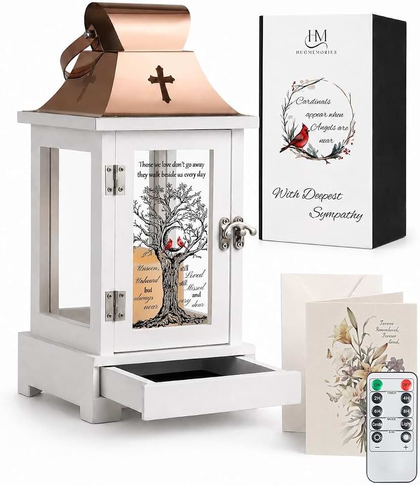 Memorial Lantern with Drawer for Keepsakes, Bereavement Sympathy Gifts for Loss of Loved One Mother Father, Sympathy Lantern Funeral Gifts in Memory of Loved One
