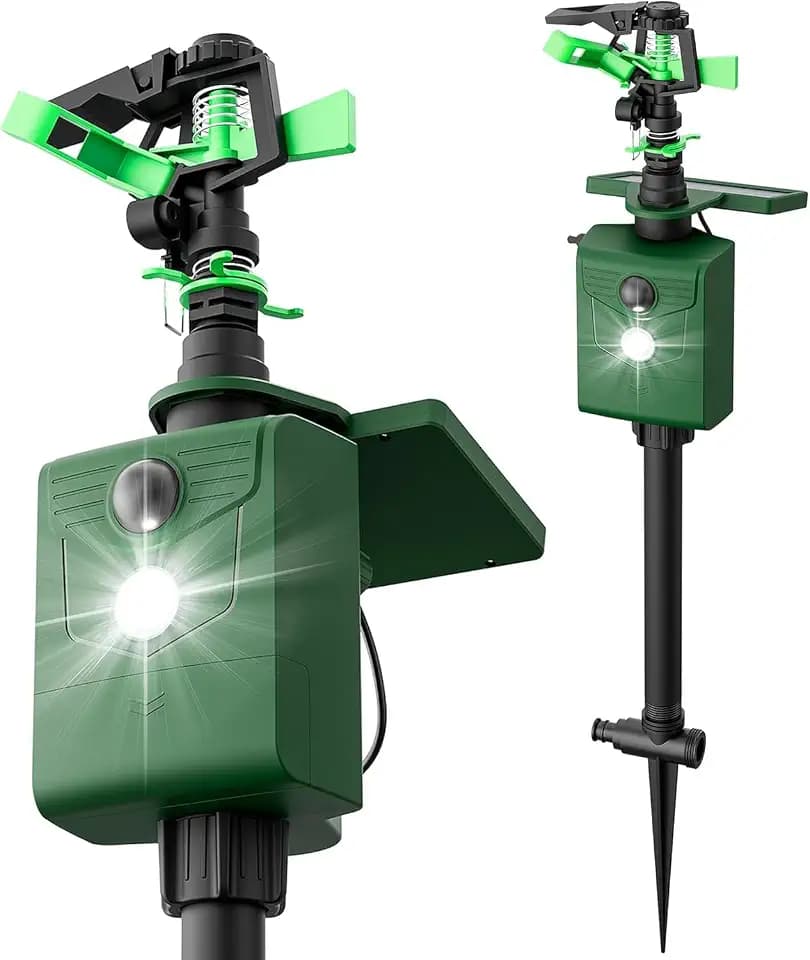 Motion Activated Sprinkler, Solar Animal Repellent Outdoor - 2 Packs Deer Cat Deterrent with Motion Sensor & Flashing Lights, IP65 Waterproof for Yard Garden Lawn Protection (Basic Version)