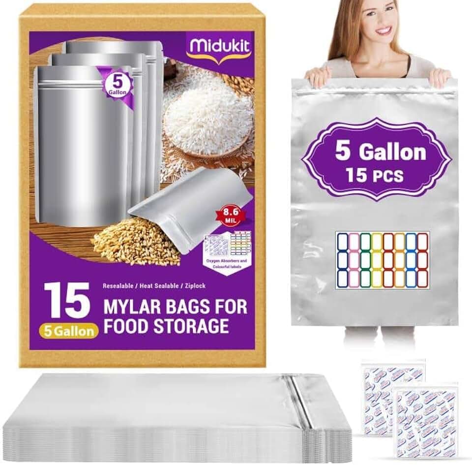 Midukit Mylar Bags Zur Langfristige Lagerung Aufbewahrung Von Lebensmitteln 5 Gallon, 43.5 x 71 CM, 8,6 Mil, Mylar Beutel Mit Sauerstoffabsorbern, 40000 CC, Heißsiegelbar, Reißverschluss, 15 Stück